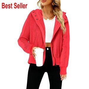 Cropped Zip Hoodie Waffle Knit Casual Jacket with Pockets